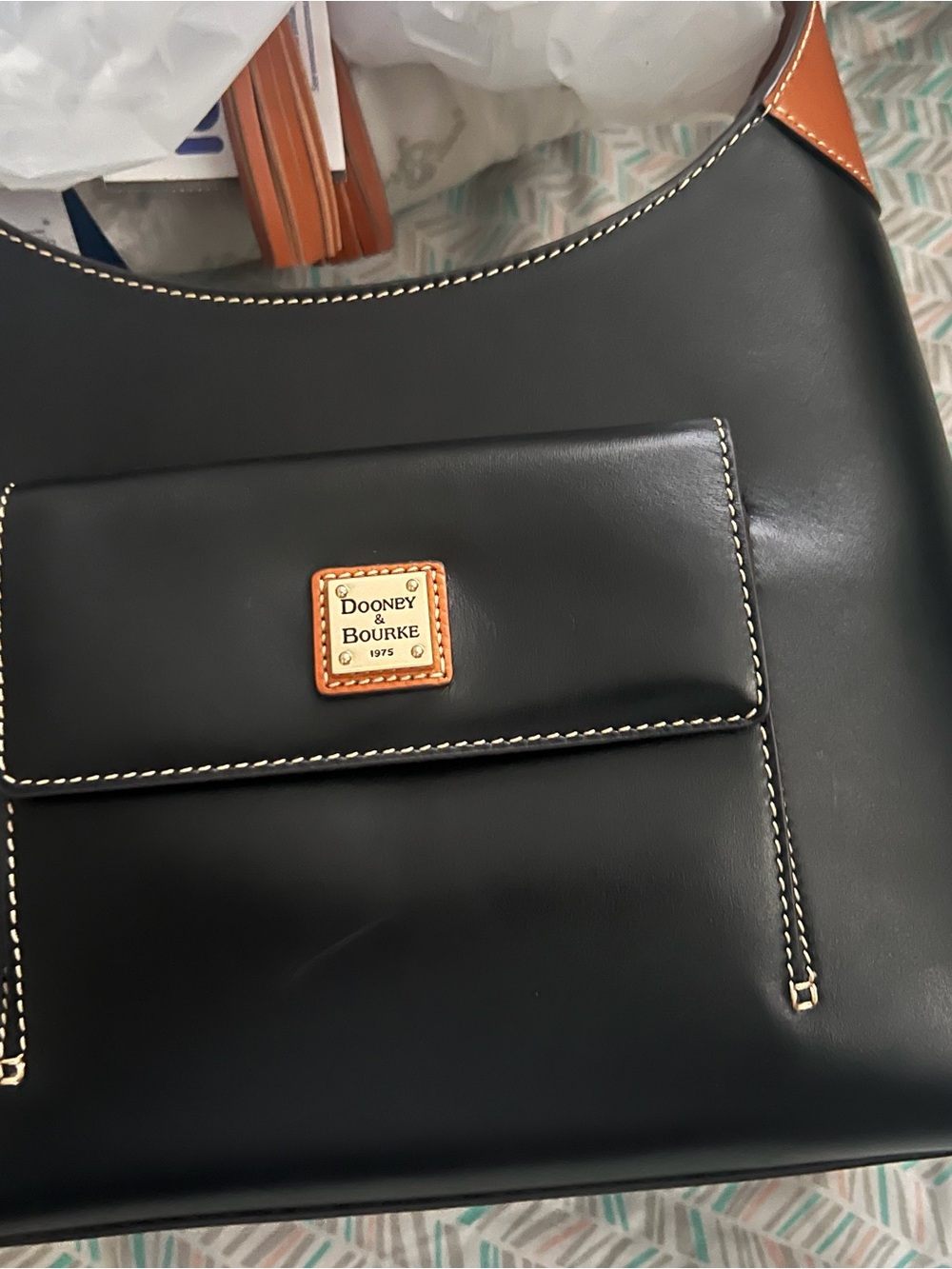 NWT Dooney & Bourke Black Leather Shoulder Bag with Tan Accents